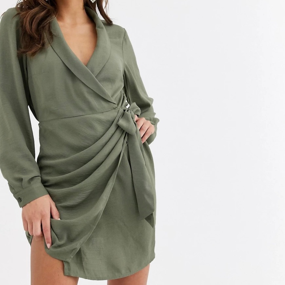 ASOS DESIGN collared wrap mini dress in khaki US 2